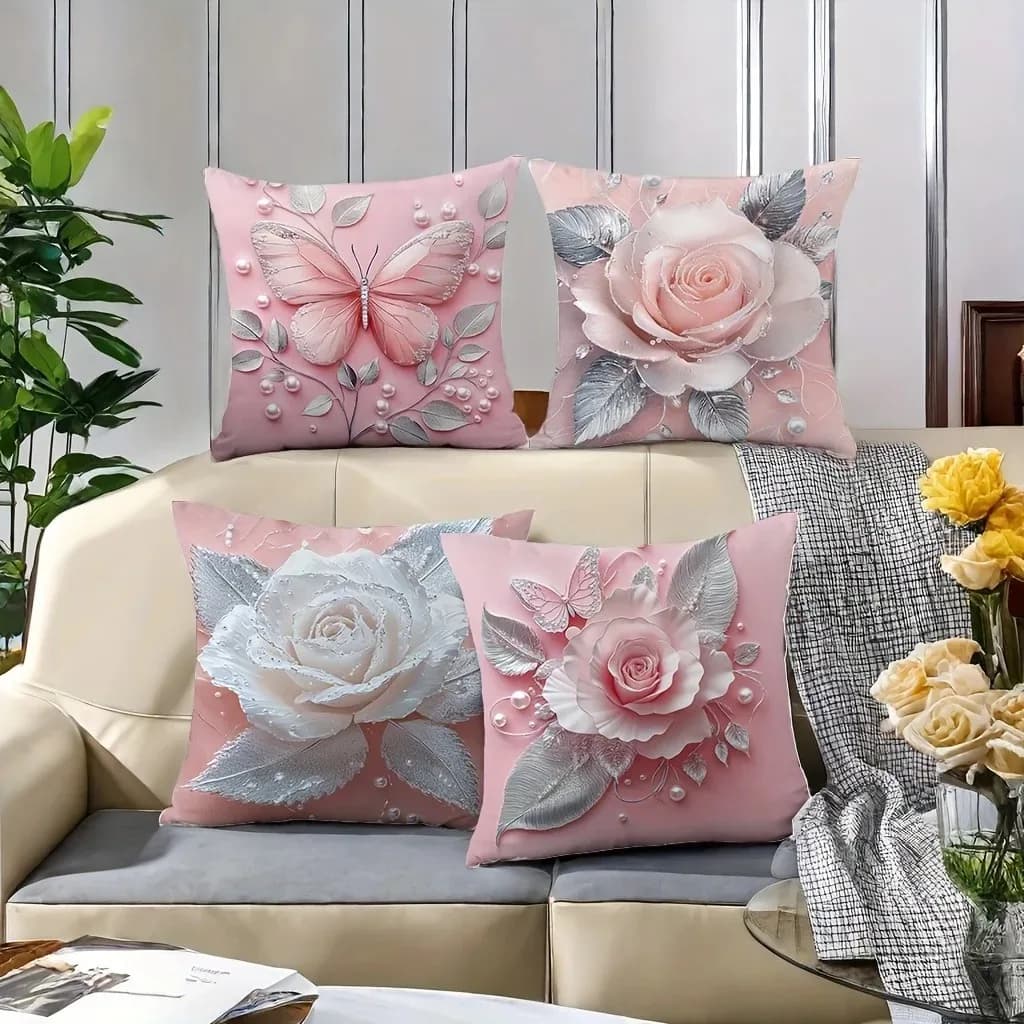 Home Decorations Pillow lining with roses and pink butterflies Pillow lining for sofa, bedroom, car