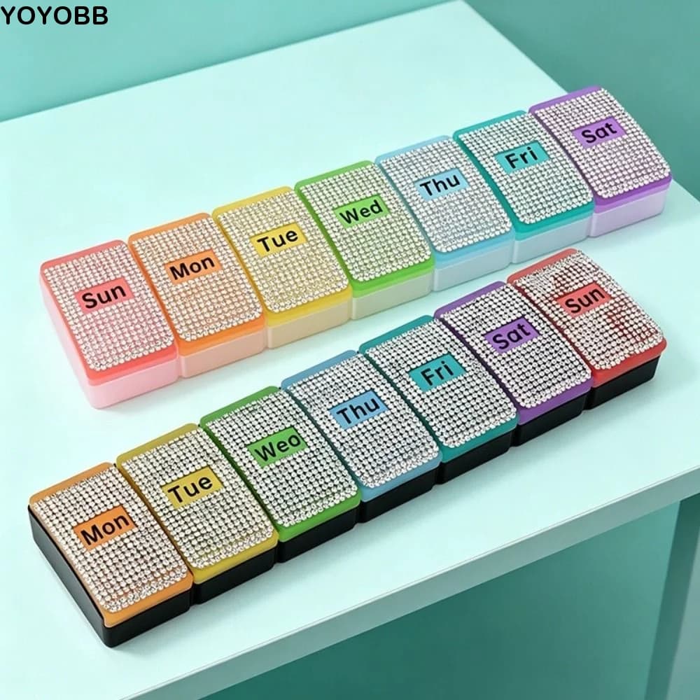 7 Grids Colorful Rhinestone Pill Box Plastic Sealed Weekly Pill Box Moisture-proof Waterproof Vitamin Storage Container Fish Oil