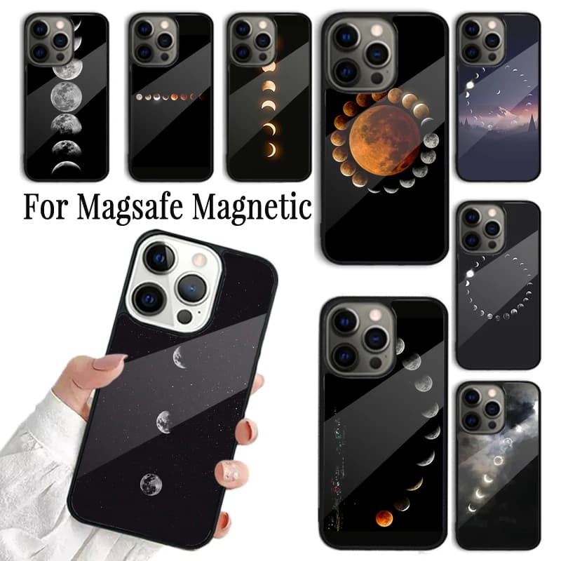 Cover per iPhone con Fasi Lunari e Luce di Luna per iPhone 17 AIR 16 15 14 13 12 11 Pro Max Plus, Custodia Magnetica Wireless Magsafe