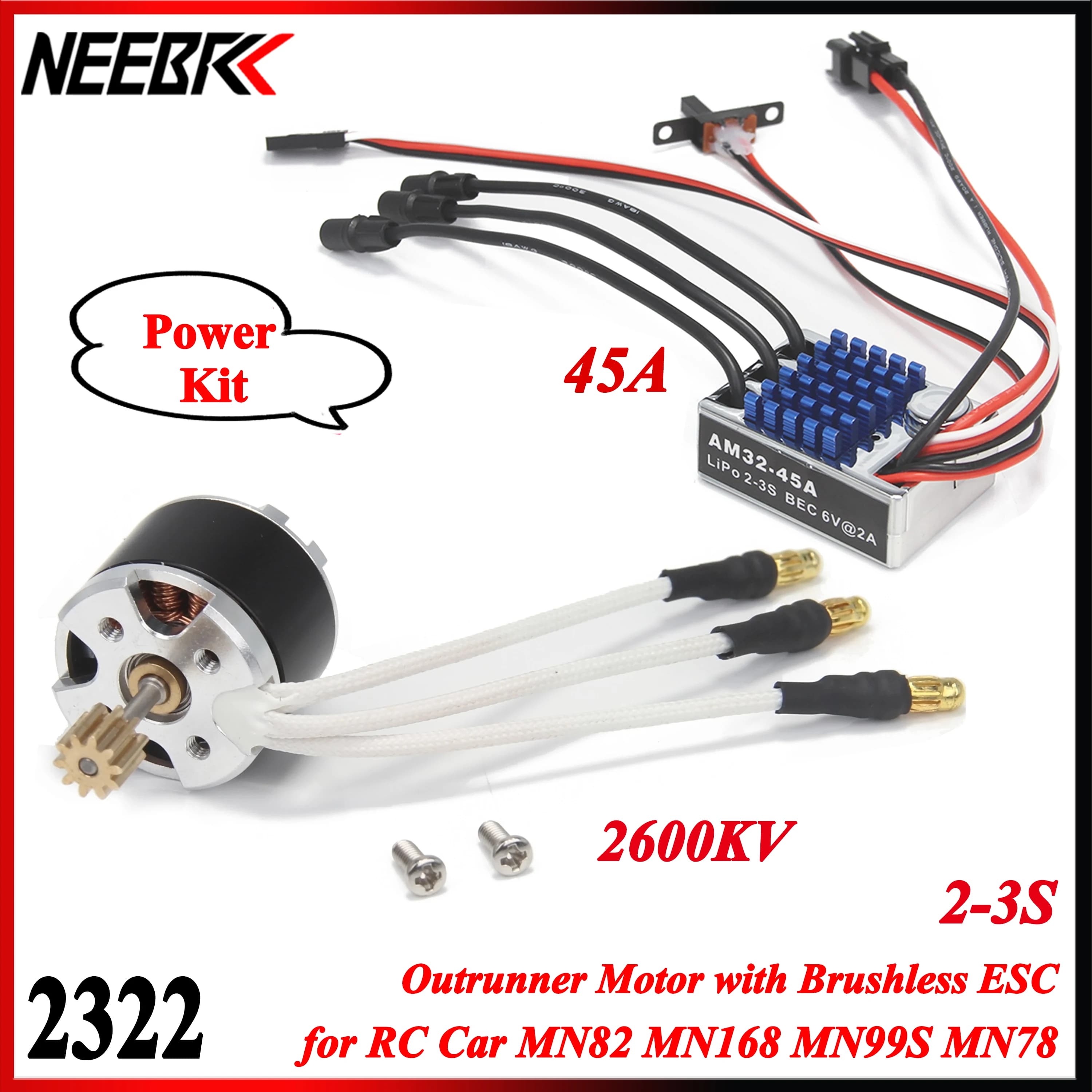 NEEBRC 2322 2600KV Outrunner Motore AM32 45A Brushless ESC per 1/12 RC Auto Crawler Monster MN99S MN168 Aggiornamenti del Modello Kit di Alimentazione