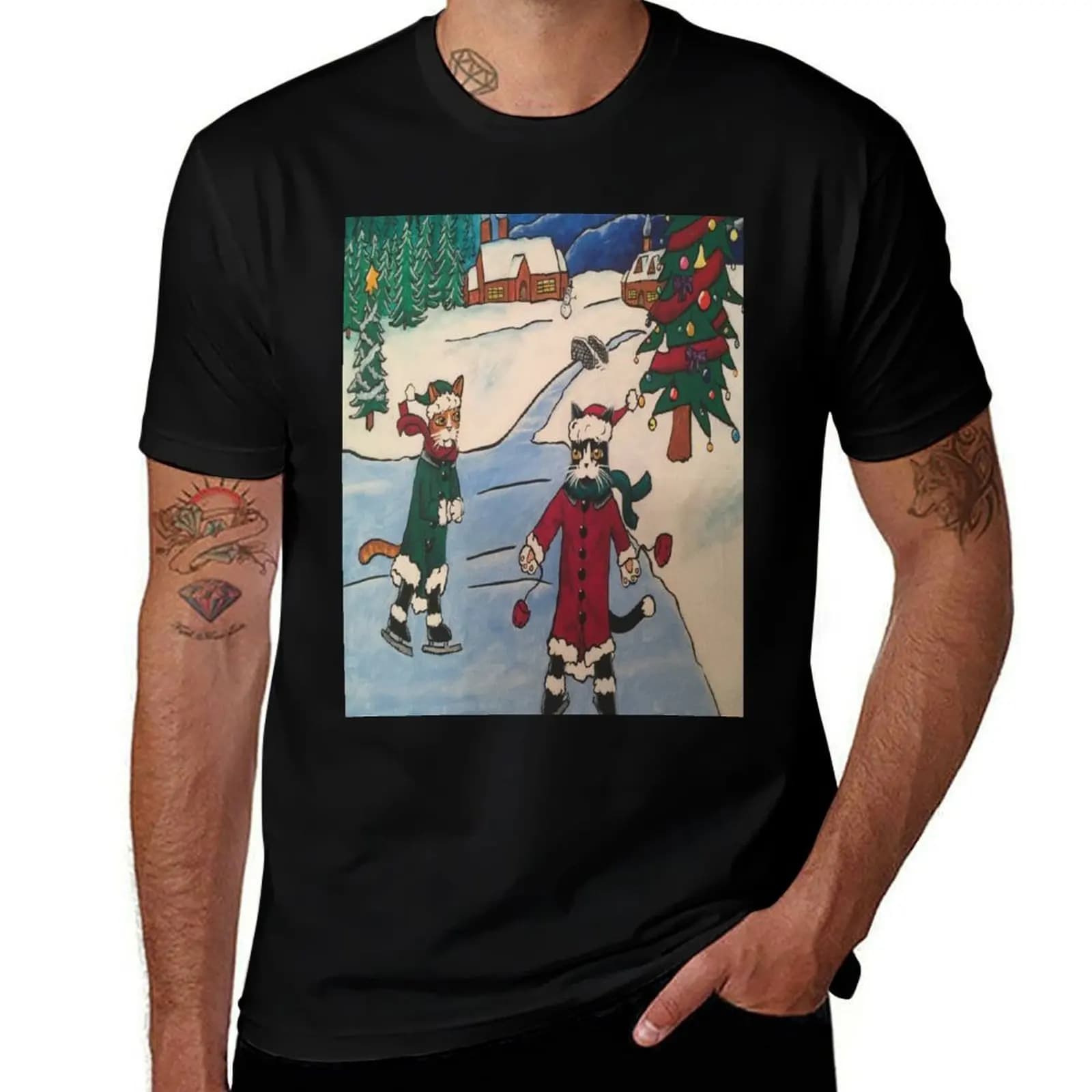 Christmas Ice Skating Cats T-Shirt Casual Loose Short Sleeve Tee for Men T-Shirt
