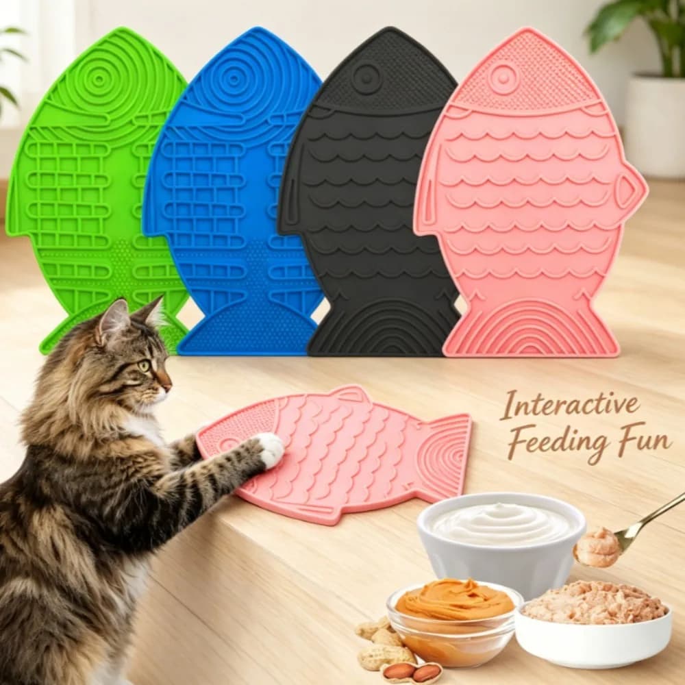 Fish Shape Silicone Slow Feeder Cat Bowl, Puzzle Lick Mat for Dogs and Cats, Pet Anxiety Relief Feeding Pad for Healthy Eating