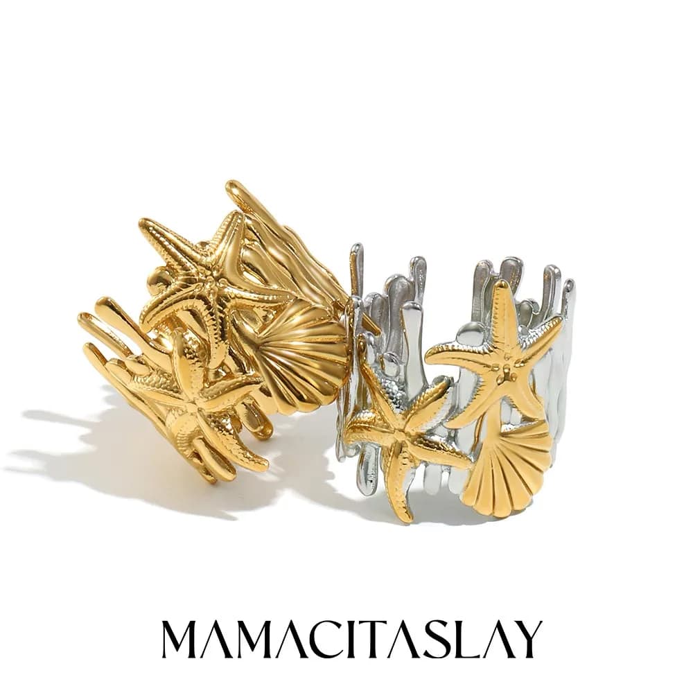 MamacitaSlay 316L Stainless Steel Mixed Color Starfish Shell Open Ring Waterproof 18K Gold Plated Jewelry Women's Creative Ring
