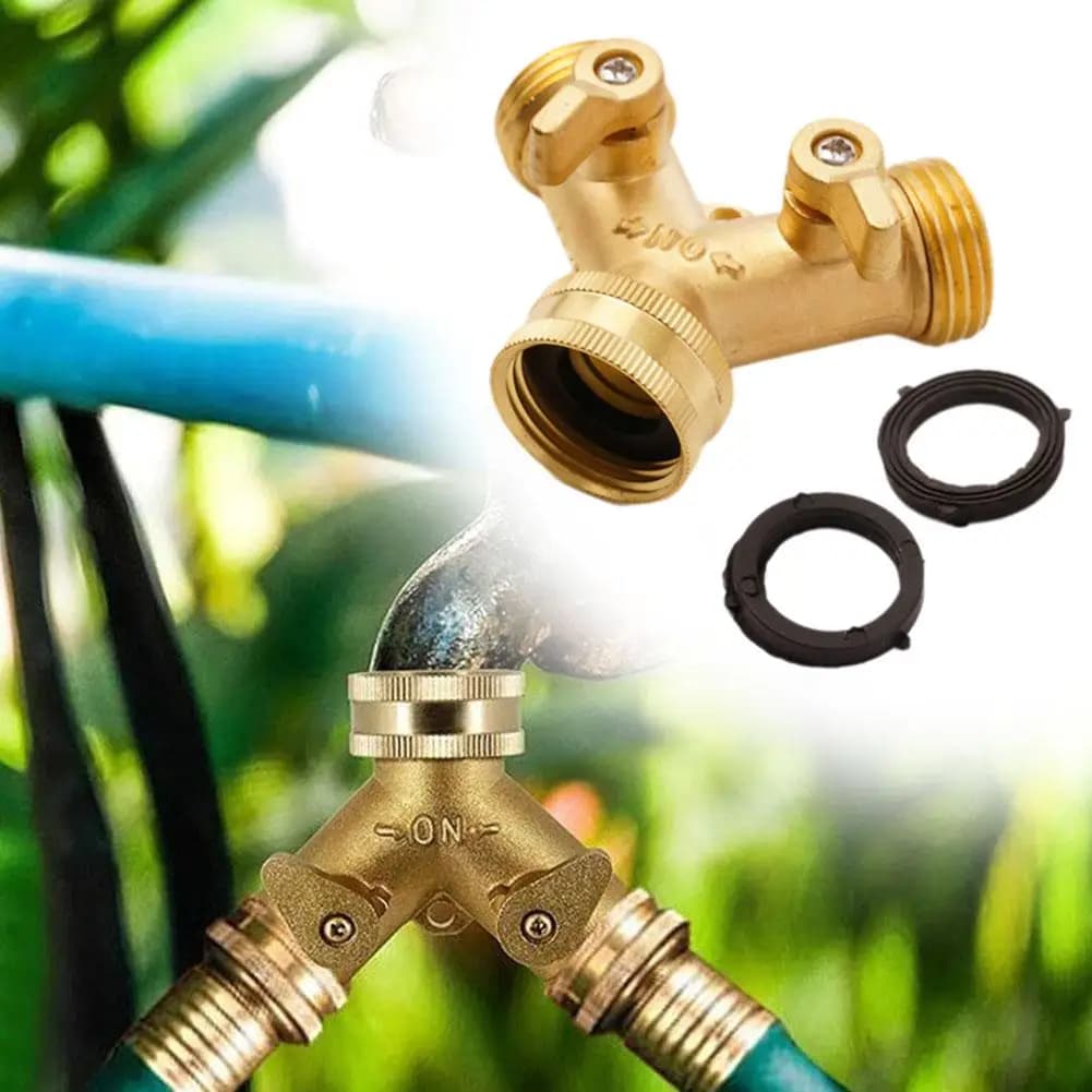 2-way 3/4 inch brass Y connector for garden hose, water resistant distributor for external tap, 1 set