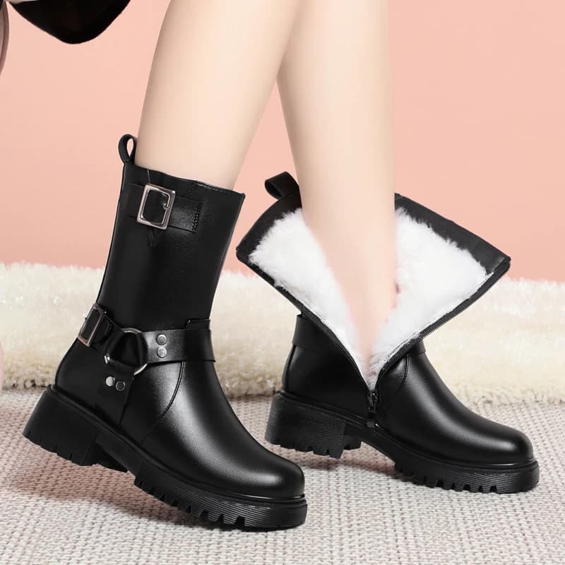DIMANYU Snow Boots Women's Retro 2026 New Genuine Leather Female Mid-calf Boots Wool Warm Belt Buckle Women's Winter Boots