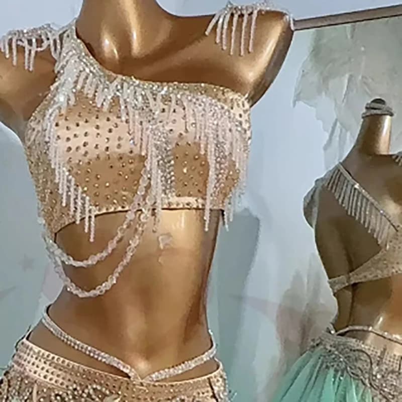 Concorso di danza latina Gioielli di cristallo personalizzati di fascia alta da donna Gonna a rete divisa Abito con diamanti d'acqua per performance di samba