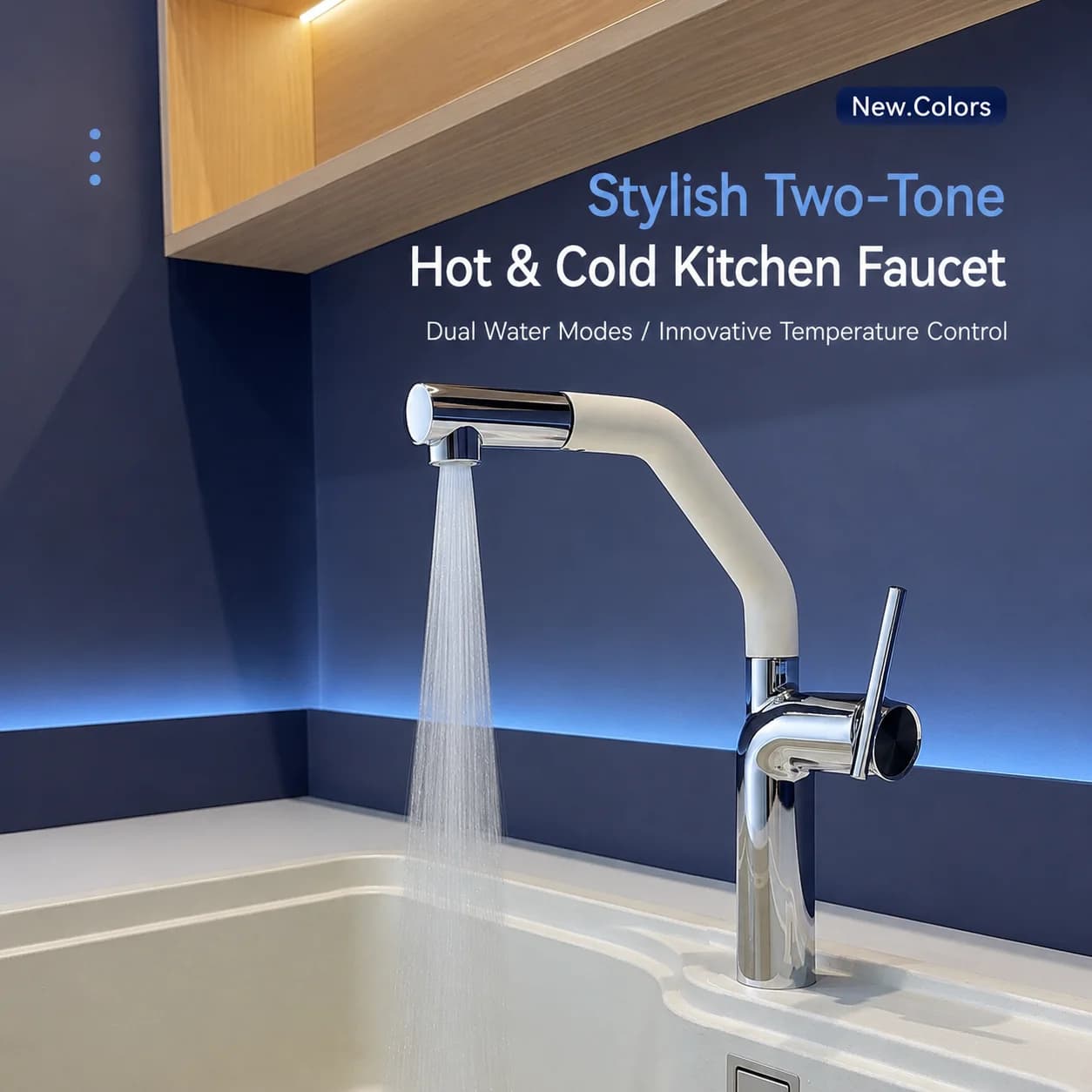 Pull Out Kitchen Faucet 360 Swivel Two-Tone Hot Cold Mixer Tap 2 Modes Splashproof Water Sink Crane