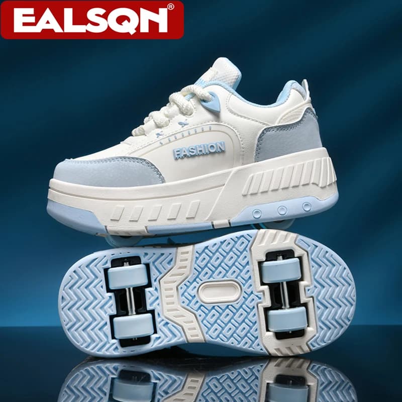 New Skating Shoes with Four Wheels for Kids, Large Sizes 29-40, Sport Shoes for Kids and Girls with Stackable Wheels