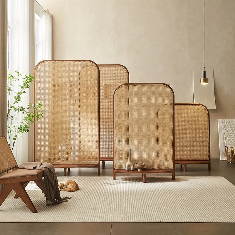Divisorio in legno massello nordico e rattan, mobile e personalizzabile, per soggiorno, camera da letto, ingresso, con seduta e contenitore, stile moderno e semplice