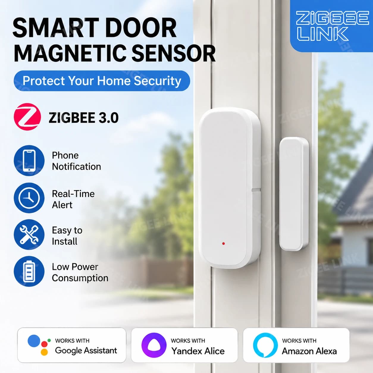 Sensore magnetico wireless ZigBee per porte e finestre, allarme di sicurezza per casa intelligente, notifica tramite app, controllo vocale per Tuya, Alexa, Google Home