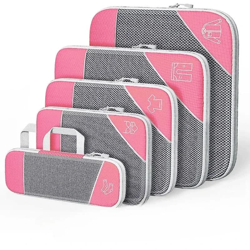 Cubi da imballaggio a compressione da 5 pezzi, cubi da imballaggio da viaggio in rete per valigie, set di borse organizer leggere per elementi essenziali da viaggio