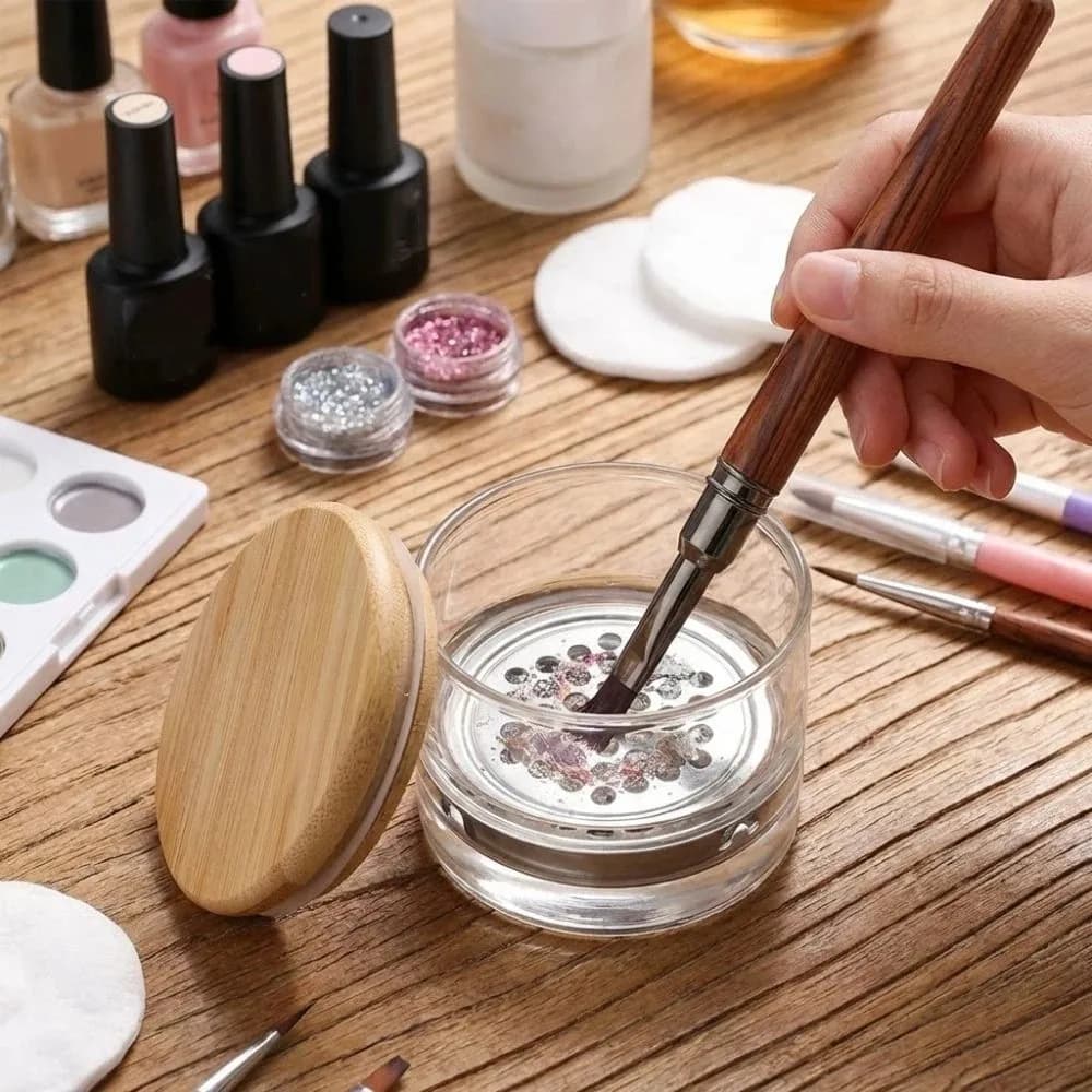 Transparent Glass Cleaning Cup Nail Brushes with Stainless Steel Net and Wood Cover, Round Washer for Nail Art