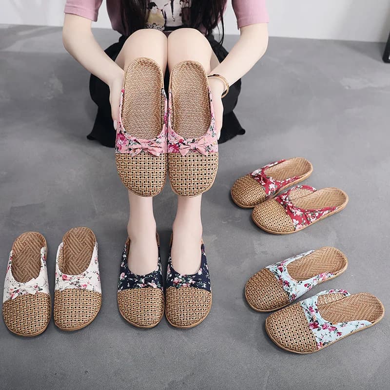 Summer Shose pantofole da donna infradito da spiaggia pantofole piatte in lino traspirante pantofole da donna Casual con fiocco in lino da donna sandali scarpe