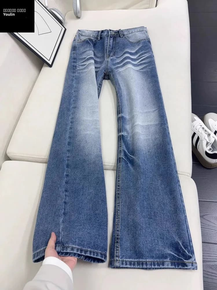 Jeans Blu Lavato da Uomo, Stile Americano Invernale, Vita Alta, Gamba Dritta, Leggermente Svasati, Casual