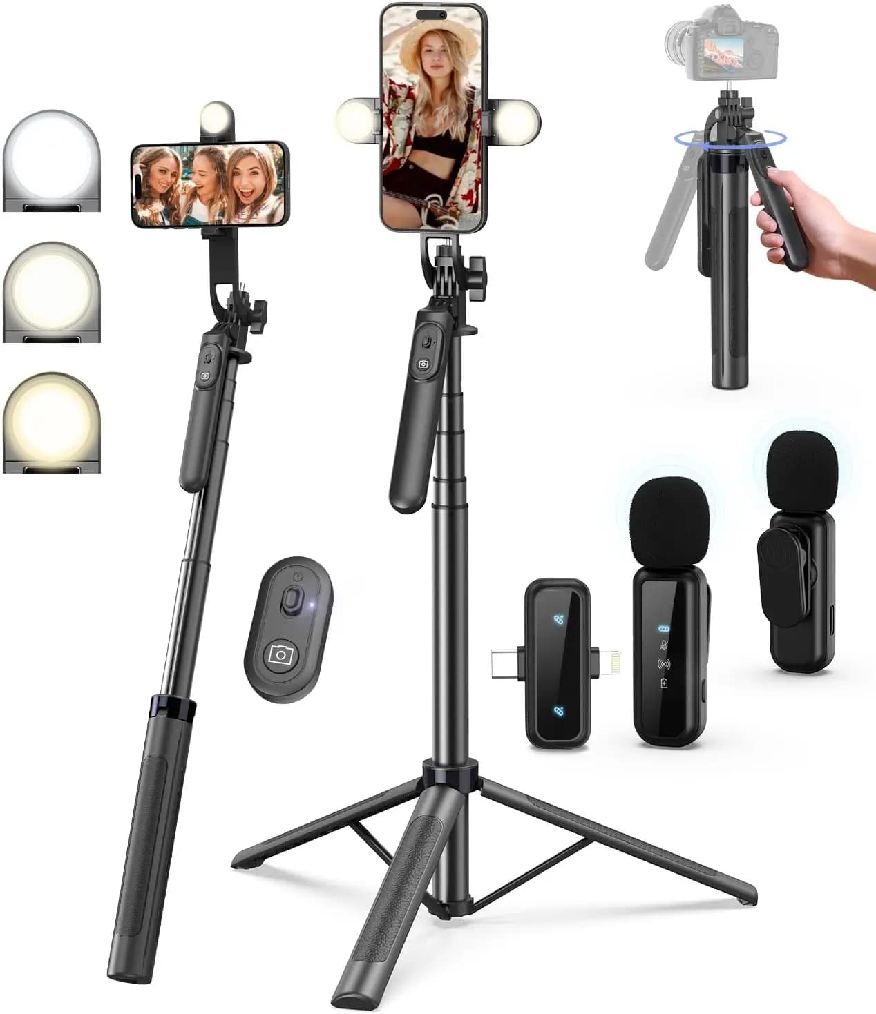 Kit per iPhone/Android, Asta Selfie Treppiede da 71 Pollici per iPhone con Luce, Telecomando Wireless e Microfono, Supporto Telefono Regolabile