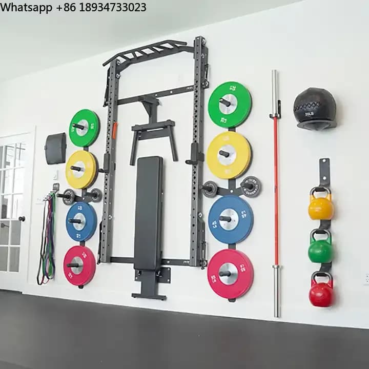 Gym equipment for home Smith Barbell Hook Full Rubber Weight Wall mounted flat rotary rack for wall mounted squat