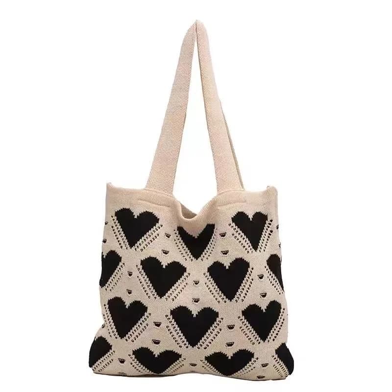 Knitted Tote Bag Red White Heart Pattern Large Capacity Shoulder Handbag