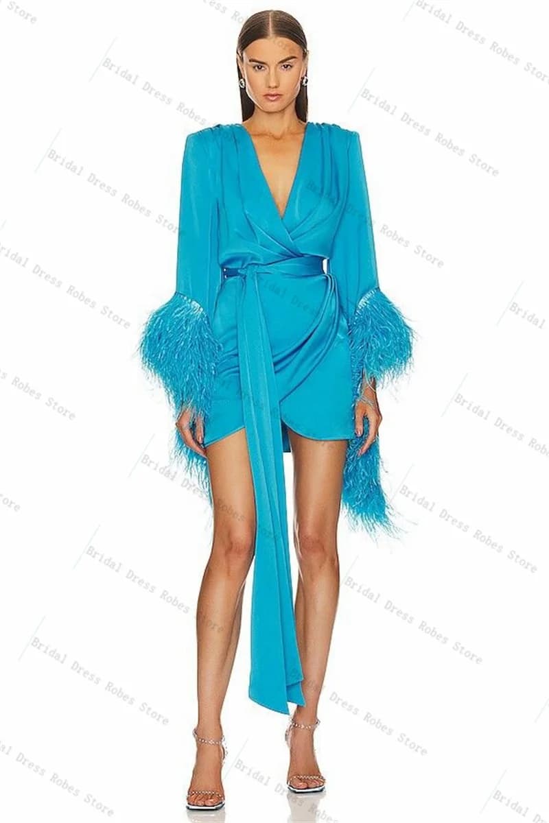 Abito da ballo da donna blu con piume di struzzo per servizio fotografico Abito da notte personalizzato con mini abito da sposa corto formale sexy con cintura