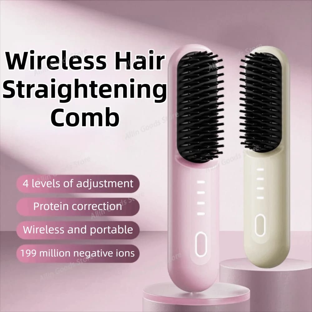 Cordless Hair Straightener Brush 4 Temp Settings Rechargeable Hair Straightener Comb Fast Heating Ceramic Coating Hot Comb Women