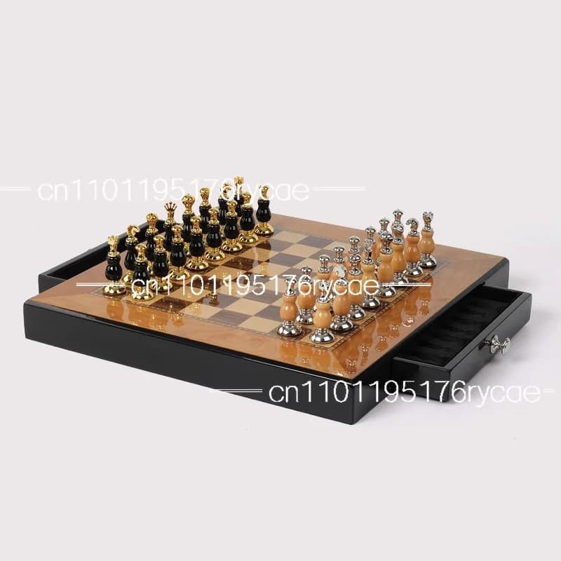 High-end wooden chess board practice set, creative zinc alloy paint chess pieces
