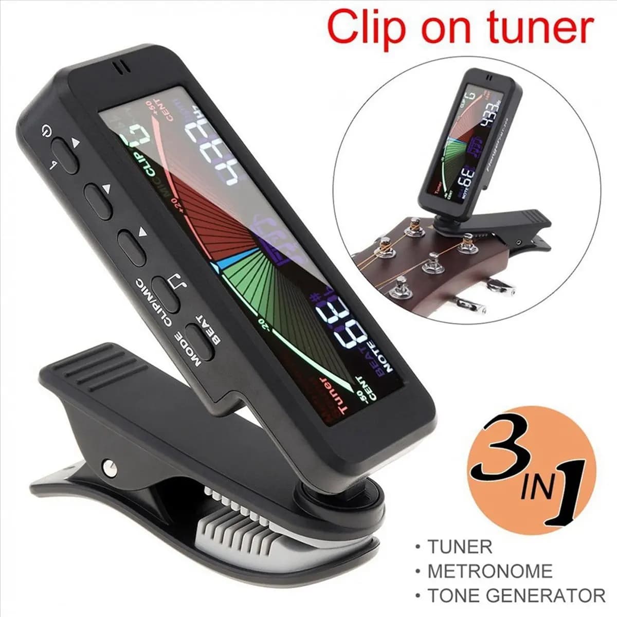 TUREBG 2X Accordatore per Chitarra 3 in 1 con Ampio Schermo LCD, Metronomo e Generatore di Suoni con Clip per Chitarra, Basso, Ukulele, Violino