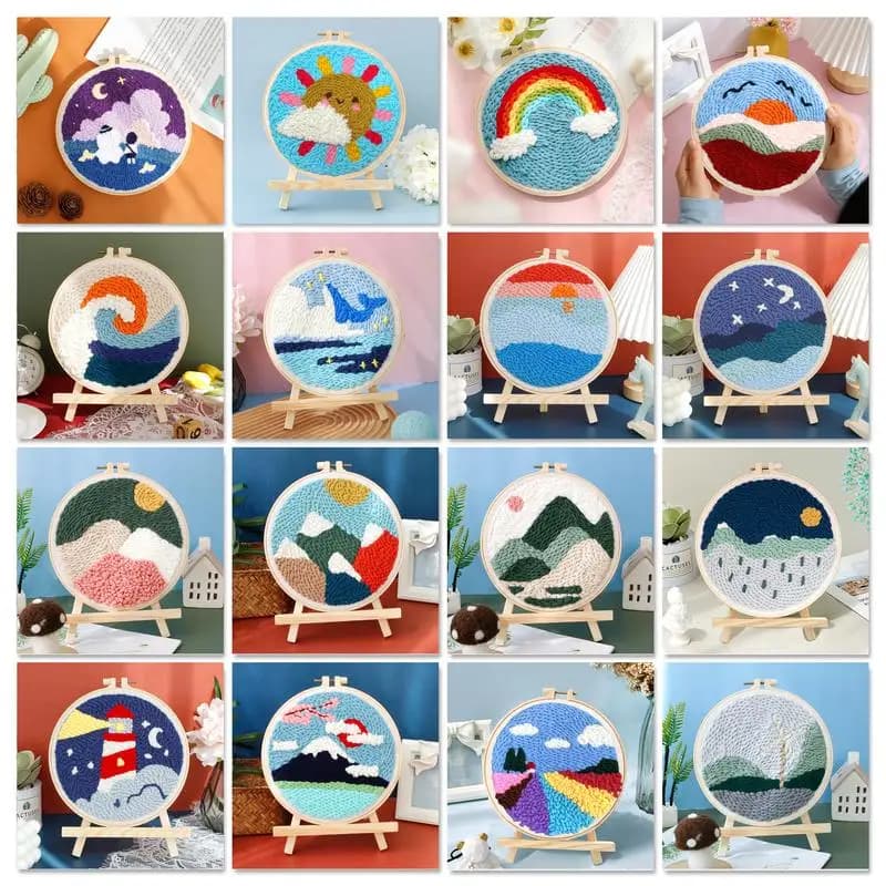 Diy Punch Needle Kits for Adults Beginner Landscape Punch Needle Fabric Yarns Embroidery Needlework Cross Stitch Diy Crafts