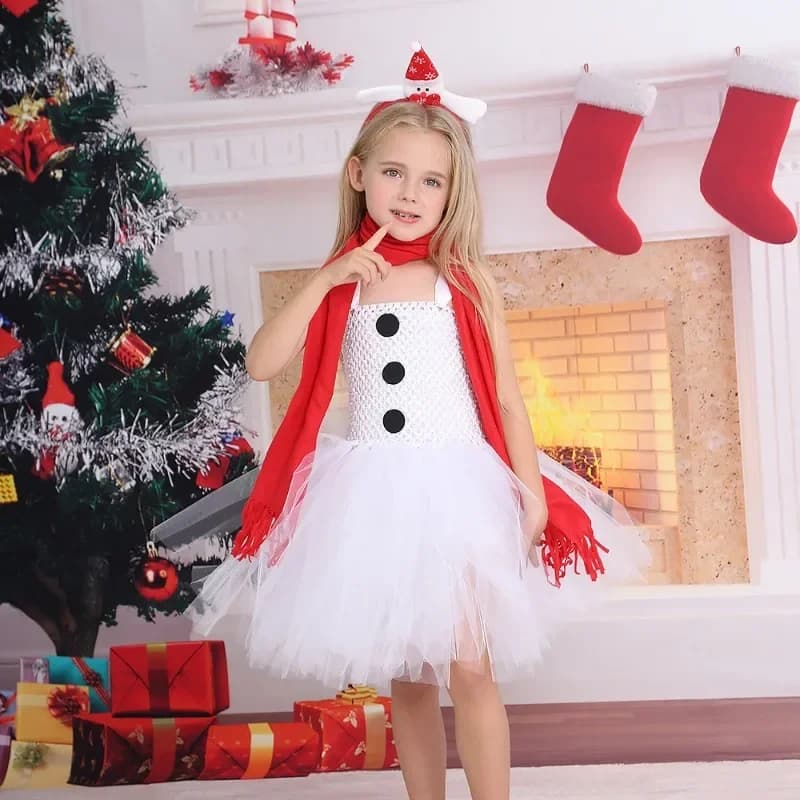 Natale Bambini Ragazze Pupazzo di neve Costumi Cosplay Abito da principessa delle nevi Spettacolo natalizio Danza Pattinaggio su ghiaccio Abito tutu