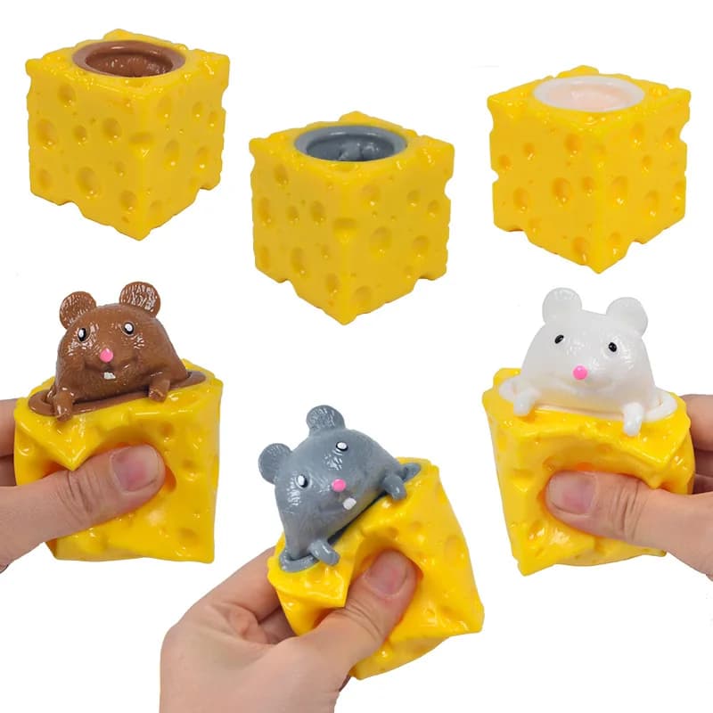 Mini Pop Up Cheese Mouse Cup Squeeze Stress Ball Sensory Toys Stress Relief Funny Cheese Squirrel Cup Fidget Toys for Kids Adult