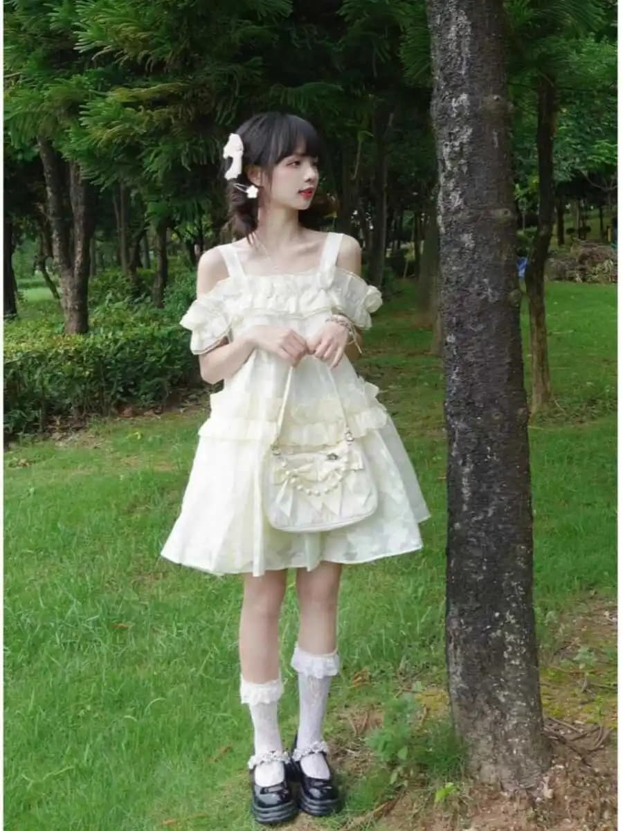Sweet Short Dress Women's Summer Design Unique One-Shoulder Princess Skirt High Waist Tea Break Puffy Sleeves No Sleeve A-Line