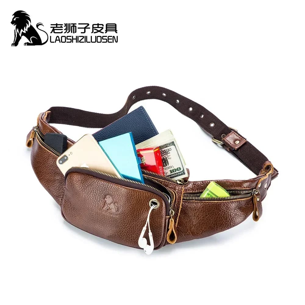 Brand 100% Genuine Leather Waist Packs Fanny Pack Belt Bag Phone Pouch Bags Travel Waist Pack Male Small Waist Bag Leather Pouch