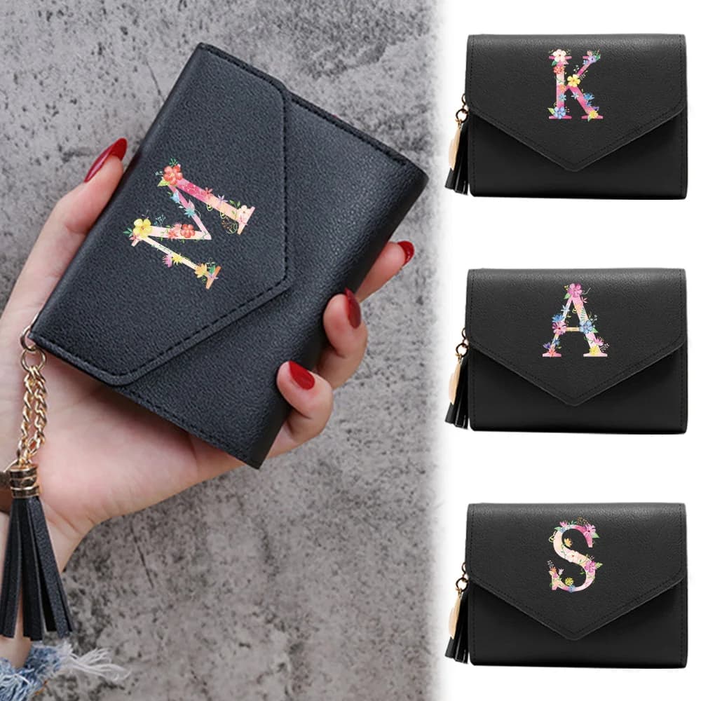Portafoglio Femminile Mini, Carino Portamonete Rosa con Motivo a Lettere, Portafoglio Sottile con Blocco RFID, Porta Carte di Credito, Tasca per Monete e Finestra per Documenti