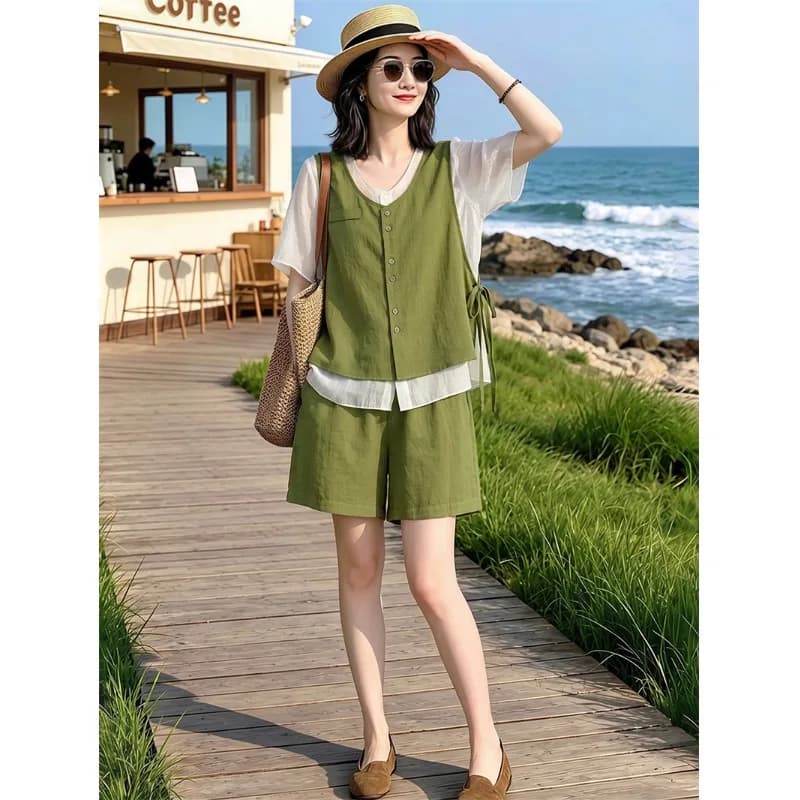 High-End plus Size Women's Cotton Linen Set Thin Vest Wide Leg Shorts Two-Piece Suit Summer New Arrival Breathable Short Sleeve