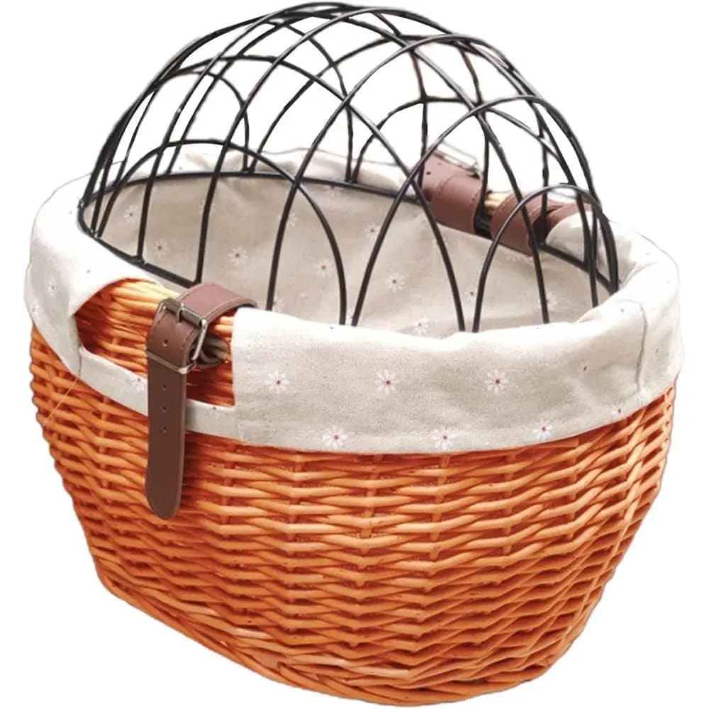 Cestino per bici con copertura in rete metallica, cestino portaoggetti in vimini e rattan per cani e gatti, 11,81x9,84 pollici