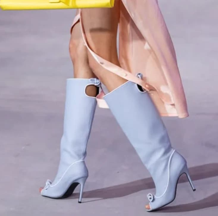 Stivali alti al ginocchio in pelle blu/gialla con punta aperta, sexy, con fiocco, tacco alto, per donna, scarpe di lusso di design, taglie grandi.