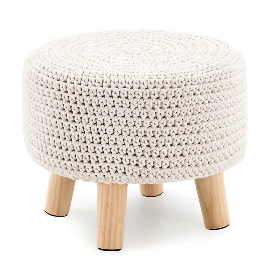 Pouf Ottomano in Cotone Lavorato a Maglia, Poggiapiedi Rotondo con Gambe in Legno Antiscivolo, Sgabello Imbottito per Soggiorno