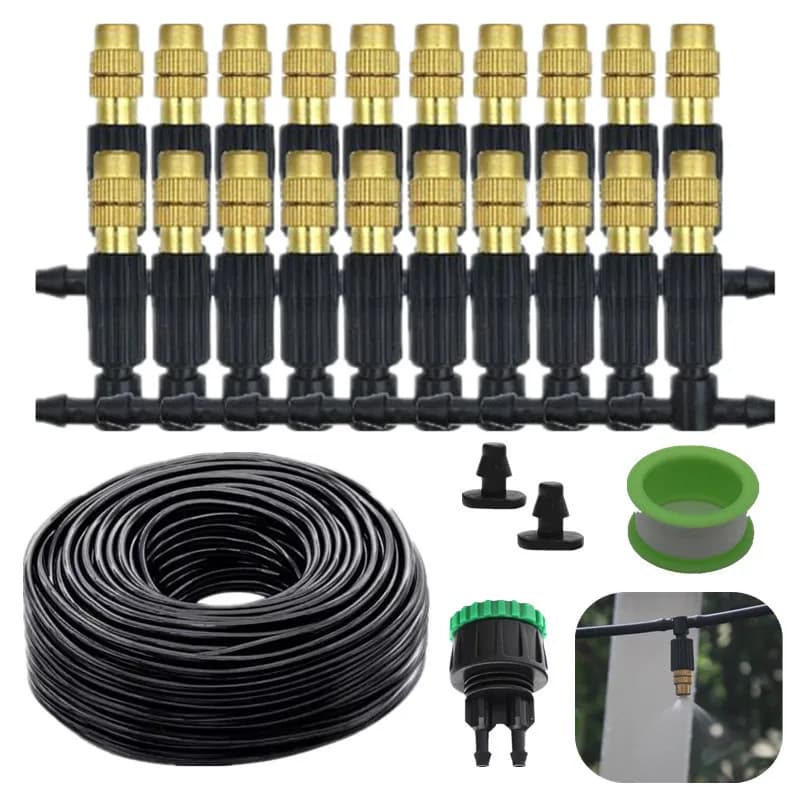 30M Outdoor Misting Cooling System Garden Irrigation Watering 1/4'' Brass Atomizer Nozzles 4/7mm Hose for Patio Greenhouse