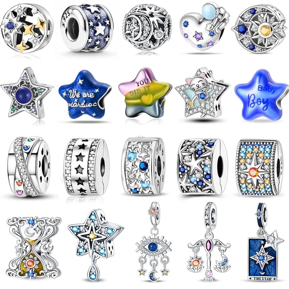 Vendita calda 925 sterling silver scintillante croce stella perline galassia blu stella ciondolo in vetro di Murano adatto per bracciale e collana da 3 mm