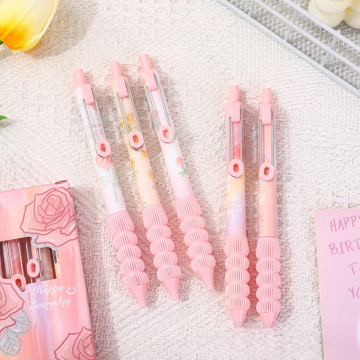 5 penne gel con stampa di fiori rosa, 0,5 mm, inchiostro nero, penne a sfera con fiori per scrivere, materiale scolastico