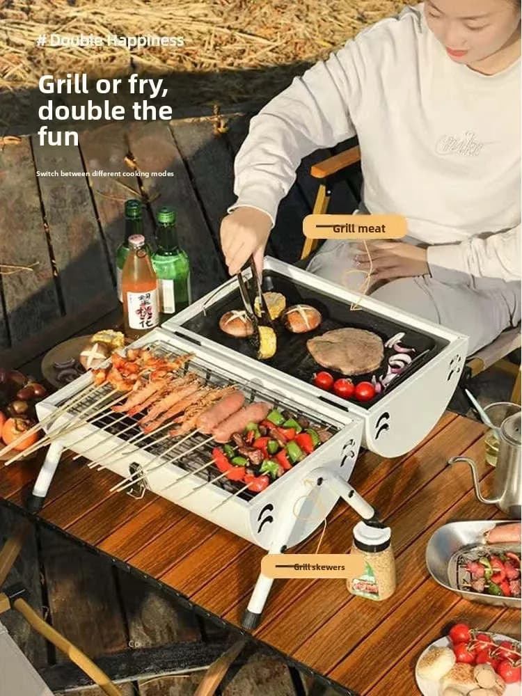 Outdoor Camping Charcoal BBQ Grill Multi-Function Roasting And Grilling Stove with Smokestack for Home Use