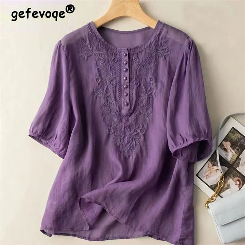 Women's Clothing 2024 Summer Vintage Style Ethnic Embroidery Cotton Linen blouse Casual Or Short Sleeved Tops Blusas Mujer