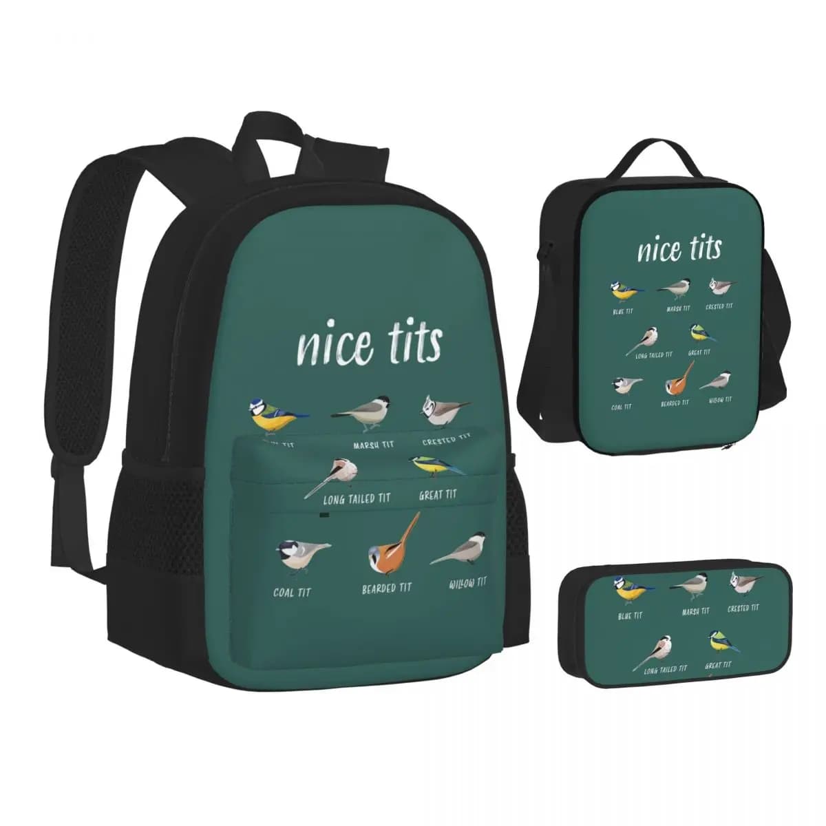 Set di Tre Pezzi: Zaino, Borsa Pranzo e Astuccio con Stampa Divertente 'Nice Tits Funny Bird Watching For Birder' per Uomini e Donne, Ideale per Birdwatching, Scuola e Viaggi
