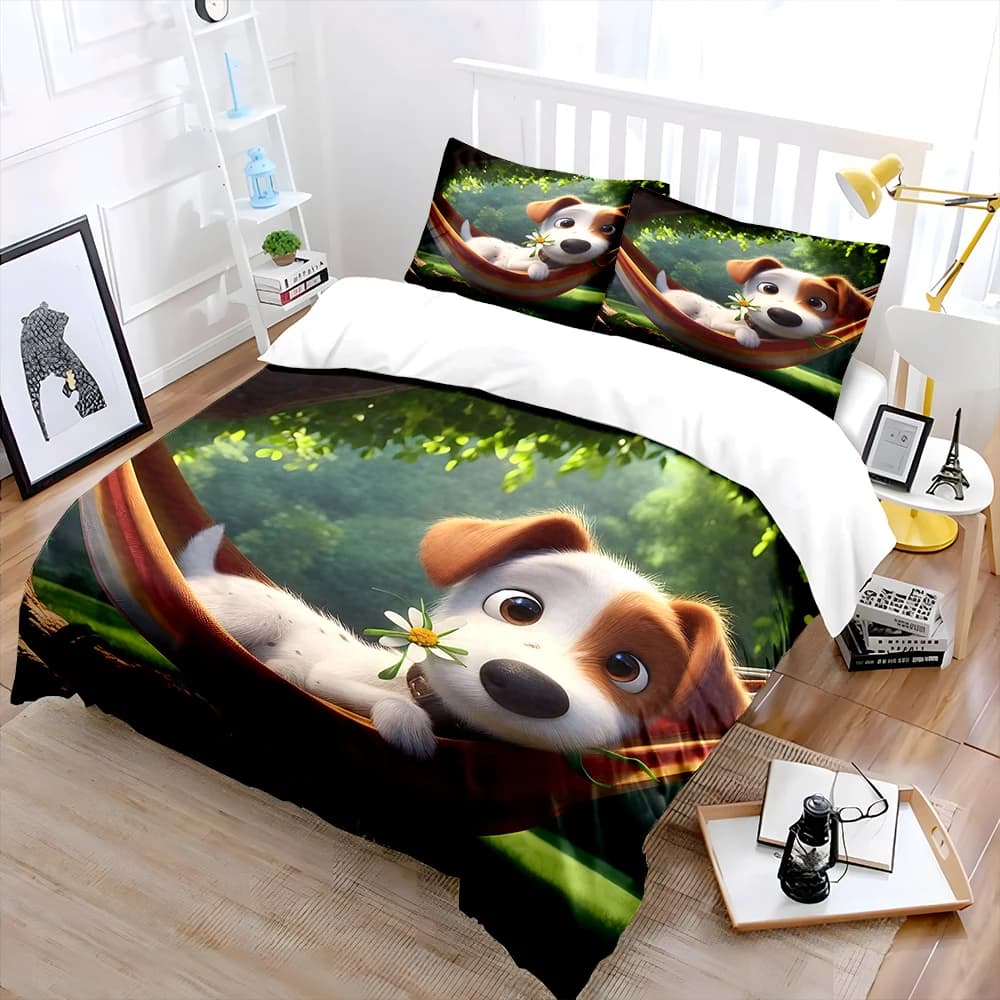 Set di biancheria da letto con stampa cane sull'ammaca sotto l'albero, 1 copripiumino, 2 federe per adulti e bambini, regalo di lusso, misura completa