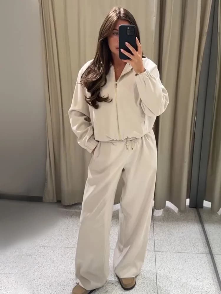 HH Set da Donna Chic: Giacca Corta con Colletto, Maniche Lunghe, Tasche e Decorazioni Pieghettate + Pantaloni Larghi con Cintura Elastica, Moda 2 Pezzi
