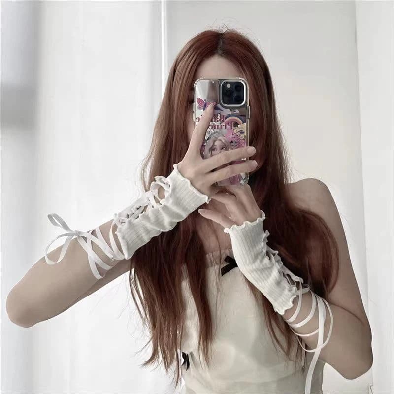 Guanti senza dita con lacci per donna, in rete elastica, stile punk, protezione solare, design sexy con cinturini, accessori per abbigliamento fai da te.