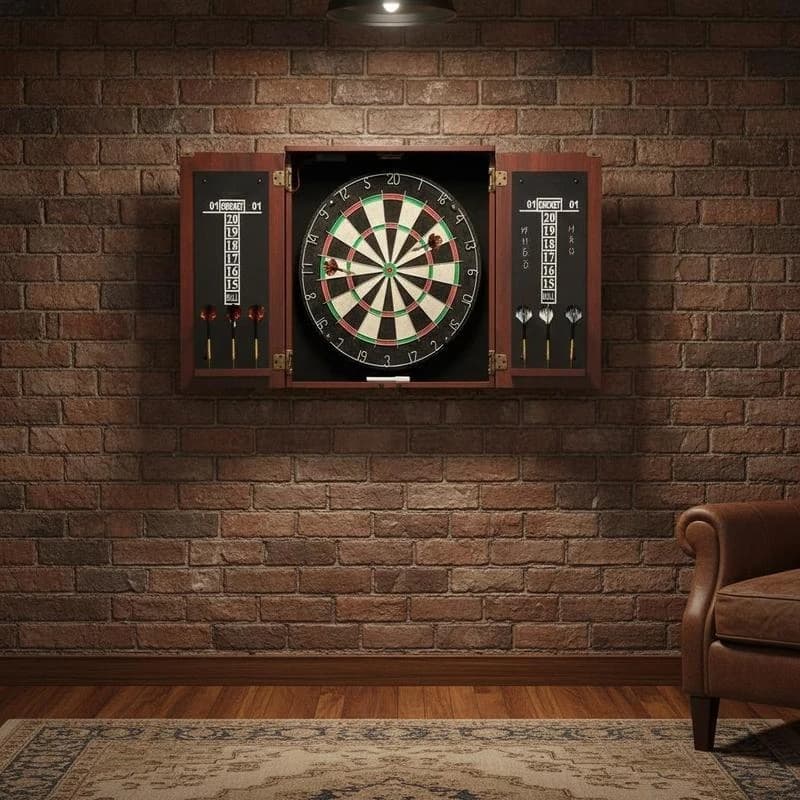 Dartboard and Cabinet Set, Ready-to-Play Bundle Official Size Dartboard Cabinet, Steel Tip Dart Hideaway Cabinet, Features LED Light, Easy Assembly, Complete with All Accessory, for Cricket Game