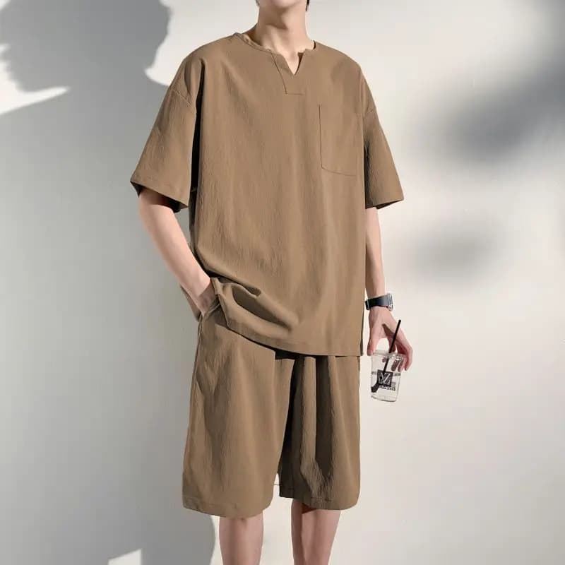 2026 casual suit in Chinese style, strong sizes (up to 136 kg), with V neck t-shirt and trousers, two pieces