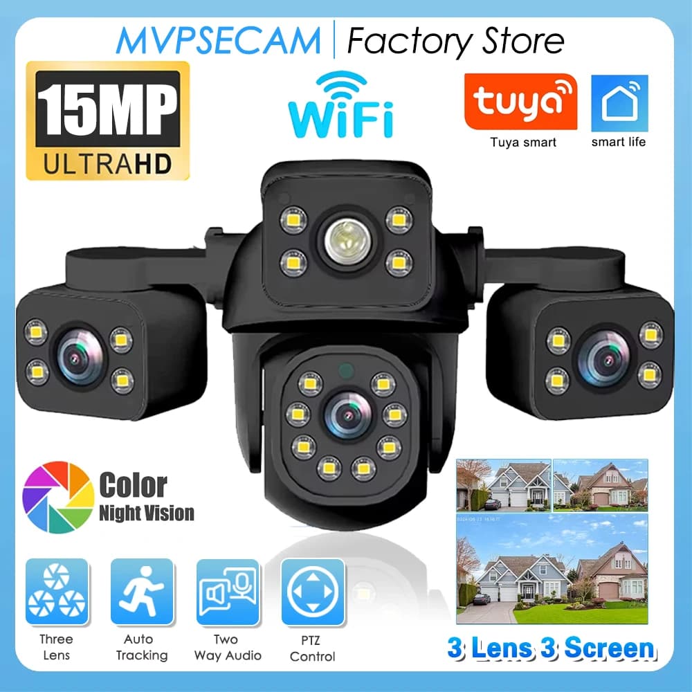 15MP HD WIFI IP Visione notturna a colori Tre schermi Telecamera a tre obiettivi Monitoraggio automatico IP66 Video CCTV impermeabile Sicurezza Tuya Smart
