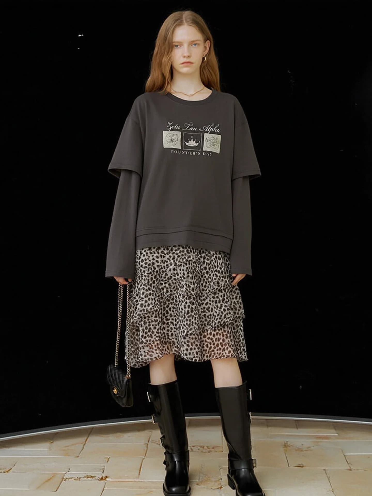 Gonna a vita alta con orlo in pizzo e stampa leopardata, gonna a balze a trapezio per donna, stile casual, in fibra di poliestere