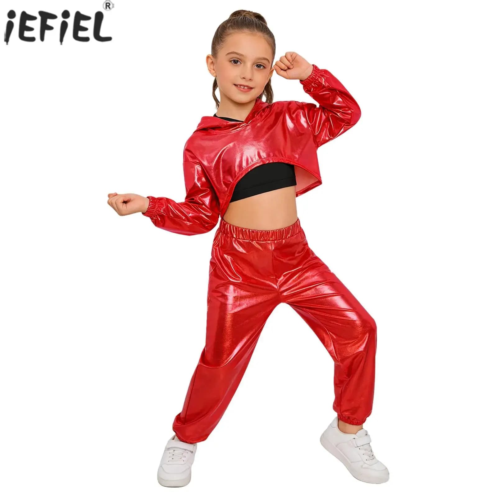 Completo da ballo hip-hop jazz metallizzato lucido per ragazze, con felpa corta a maniche lunghe e pantaloni con gilet, ideale per spettacoli scolastici e sul palco