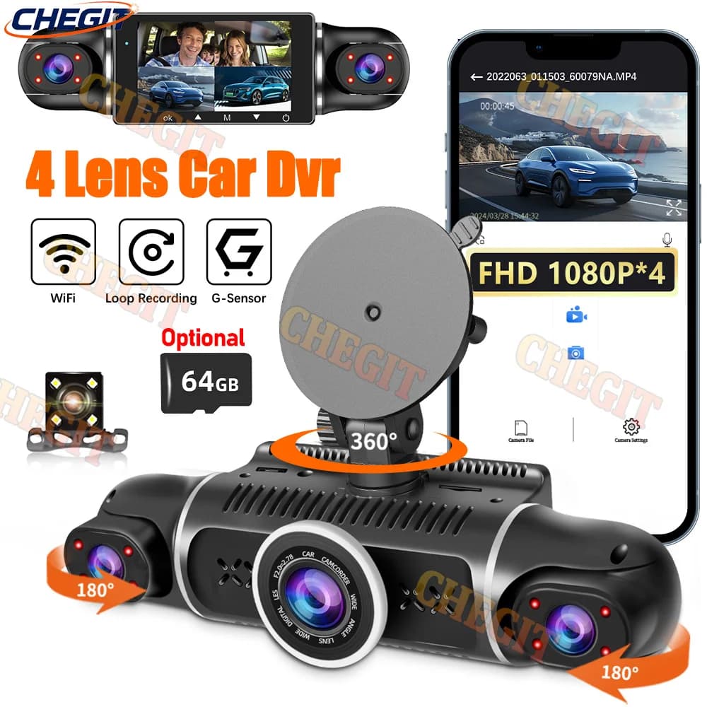 360 ° Dash Cam WIFI 1080P 4 channels for auto recorder Camera for front and rear view DVR for cars 24H Hardware kit for cars
